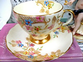 Foley Tea Cup And Saucer Painted Floral Beaded Gold Gilt Design Teacup 1930 