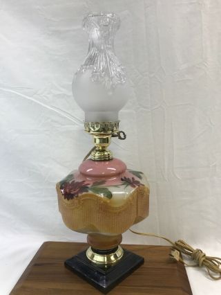 RARE Hexagon Fringe Vtg Antique Hand Painted Milk Glass GWTW Oil Lamp Converted 2