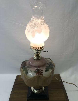 RARE Hexagon Fringe Vtg Antique Hand Painted Milk Glass GWTW Oil Lamp Converted 3