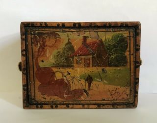 Antique 19th Century Hand - Painted Wooden Box,  Treen,  Continental Scene.