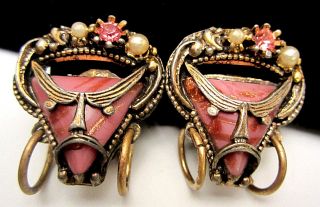 Ultra Rare Vintage 1 - 1/4 " Selro Goldone Pink Glass Pirate Face Clip Earrings A11
