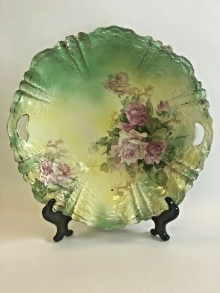 Antique Rs Prussia 11 " Ripple Mold Green Floral Cake Plate Royal Saxe Rare