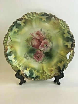 Antique Rs Prussia 11 " Ripple Mold Green W/ Poppies Cake Plate Royal Saxe Rare