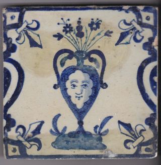 Delft Tile 17th - 18th Century (a 7) Face On Vase