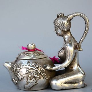 Decorative Handwork Rare China Miao Silver Carved Naked Fairy Exquisite Wine Pot