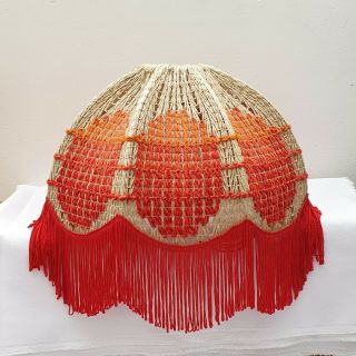 Vintage 1970s Beige Faux String Red Orange Tasselled Ceiling Lampshade 28cm High