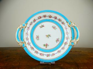 Antique Victorian Handled Cake Plate Rococo Revival Louis Xv Turquoise Flowers
