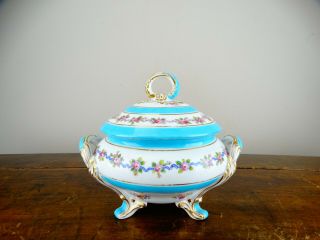 Antique Victorian Tureen Bowl Rococo Revival Louis Xv Turquoise Flowers & Gilt