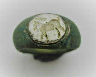 Rare Ancient Greek Bronze And Silver Seal Ring With Horse Carved Intaglio