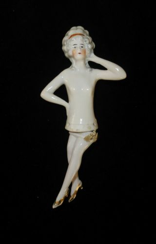 Lovely German Antique Porcelain Half Doll With Legs Pin Cushion Sewing