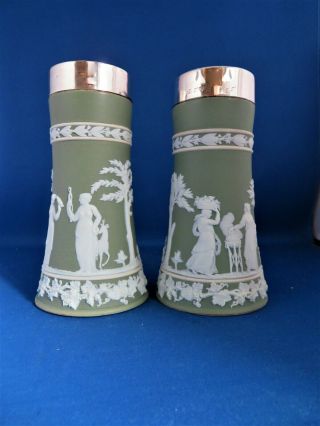 Antique 19thc Wedgwood Green Jasperware Vases Silver Rims Chester C1900