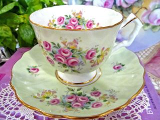 Aynsley Tea Cup And Saucer Pink Roses Lime Green Crocus Teacup England