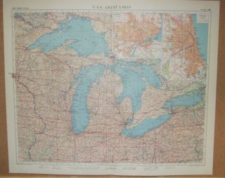 Usa Great Lakes Vintage 1957 Colour Map Lake Michigan Lake Huron Lake Ontario