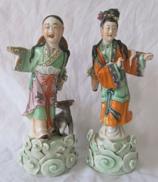 Pair Antique Chinese Import Polychrome Porcelain Figures Of Woman,  Man & Goat