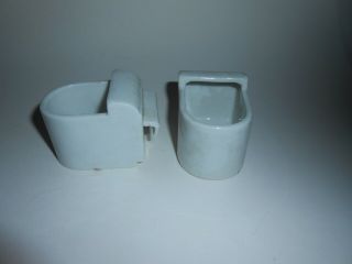 Set 2 Vtg/antique White Porcelain Ceramic Birdcage Gravel Seed Feeder Japan Rare