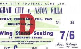 1964/65 Ticket Stub Birmingham City V Aston Villa (division 1 - Rare)