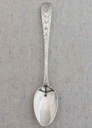 Antique 18th C Georgian Era Bright Cut Sterling Silver Teaspoon G Monogram 1799