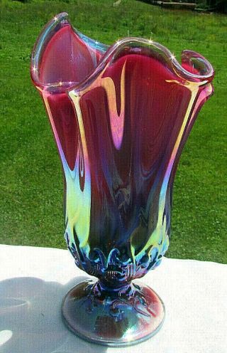 Rare Fenton Vintage Plum Opalescent Lily Of The Valley Handkerchief Vase 7.  5 " H