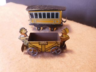 2 Antique Tin Litho Penny Toys 2 Man Coal Car Wire Wheels & Passenger Car Tin 2