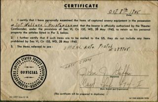 Rare Vtg 1945 Wwii Certificate Document Of Captured Enemy Equipment/pistol