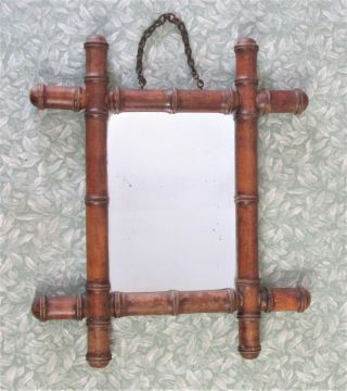 Antique C1900 French Small Turned Wood Faux Bamboo Wall Mirror 13.  5 " X 16 "
