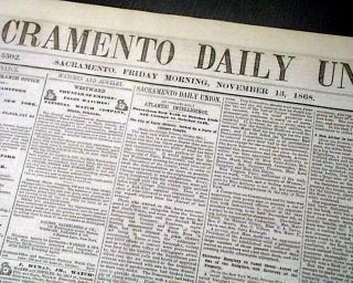 Rare Sacramento Ca Capital Of California Old West Era 1868 Newspaper