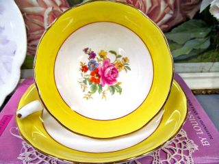 Royal Chelsea Tea Cup And Saucer Yellow Band Pink Rose Floral Teacup 1930 