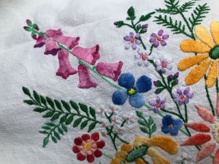 Vintage Linen Embroidered Tablecloth.  Lace Edged.  145 Cms X 140 Cms.