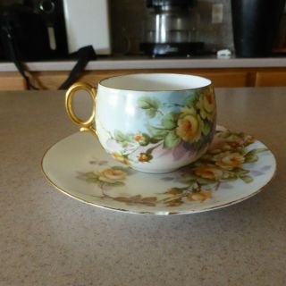 J&c Antique Hand Painted Porcelain Cup Saucer Yellow Roses