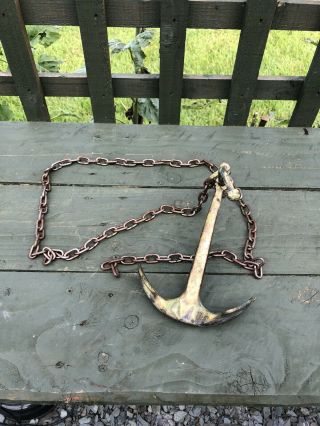 Vintage Bronze Anchor & Chain,  Small Admiralty Pattern Decorative Maritime Art.