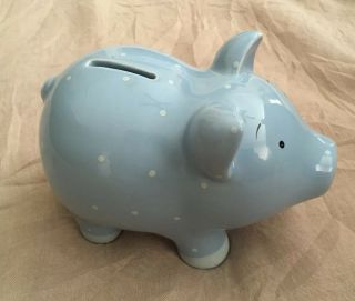 Vintage Piggy Bank Polka Dot Ceramic Baby Blue With White Dots 6” X 4” Rare