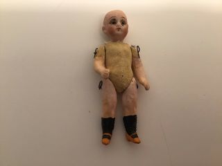 Cute 3 - 1/2 " Antique Bisque Head Boy Doll - Paper Mache Body