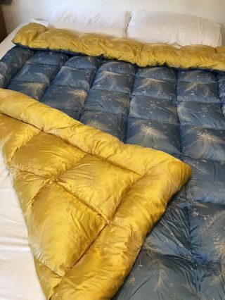 Vintage Eiderdown Quilt,  Reversible Gold And Blue Satin With Feather Detail