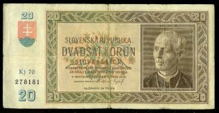 Slovakia 20 Korun 1939 Vg - F P5 Not Perforated Scarce Rare Banknote