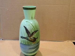 French Opaline Green Glass Vase Hand Painted Duck In A Marsh In Flight Antique
