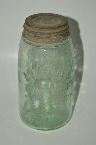 Vintage Antique 1858 Light Green Glass Crude Iron Cross Mason Jar Ultra Rare