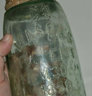 Vintage Antique 1858 Light Green Glass Crude Iron Cross Mason Jar Ultra Rare 2