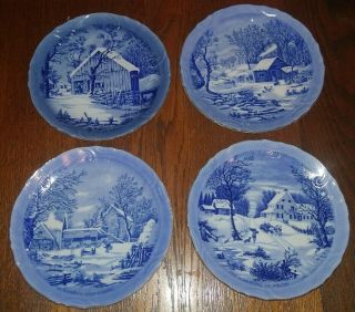 Great - Rare Style " The Old Homestead In Winter " 4 Set Plates Currier & Ives