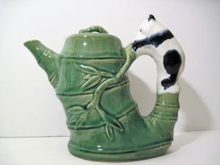 Antique Vtg 1940? Curious Green Rare Bamboo Panda Bear China Teapot Marked Cute