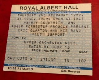Eric Clapton Ticket London Royal Albert Hall 2nd February 1989 Rare Memorabilia