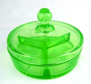 Rare Vaseline Uranium Green Depression Glass Divided Dish with Cover 6.  5 