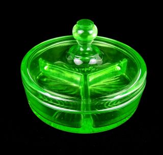Rare Vaseline Uranium Green Depression Glass Divided Dish with Cover 6.  5 