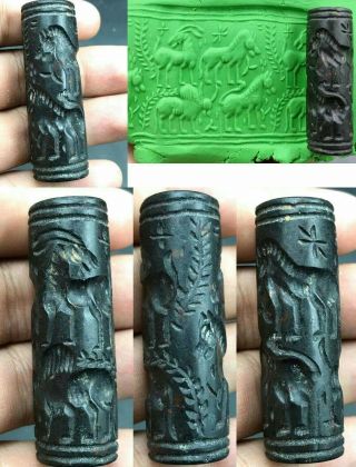 Wonderful Rare Ancient Black Agate Stone Sassanian Cylinder Seal Bead Intaglio