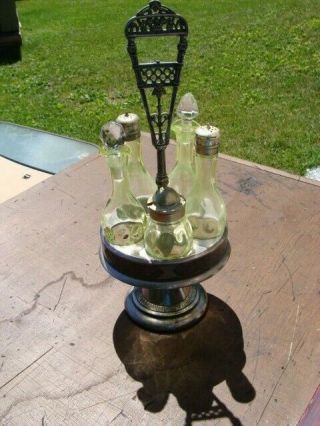 Rare Antique Victorian Vaseline Glass Cruet Castor Set 5 Bottles Uranium