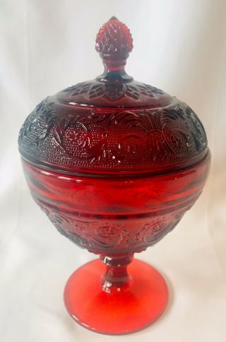 Rare Duncan Miller Ruby Red Glass Sandwich Pattern Covered Candy Dish Pedestal