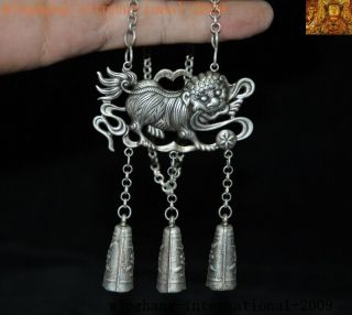 Old Chinese Tibetan Silver Feng Shui lion Foo dog beast amulet necklace Pendant 2