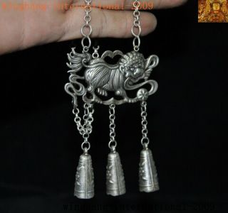 Old Chinese Tibetan Silver Feng Shui lion Foo dog beast amulet necklace Pendant 3