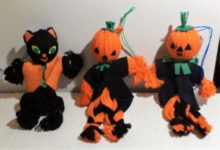 3 Vtg Yarn Halloween Ornaments - Decorations Black Cat,  Pumpkin Head Japan Rare