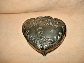 Antique Victorian Style Vintage Silver Plate Heart Shape Trinket Box Jb1678