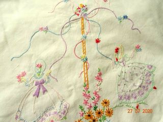 Vintage Hand Embroidered Tablecloth Crinoline Ladies Dancing Under Maypole